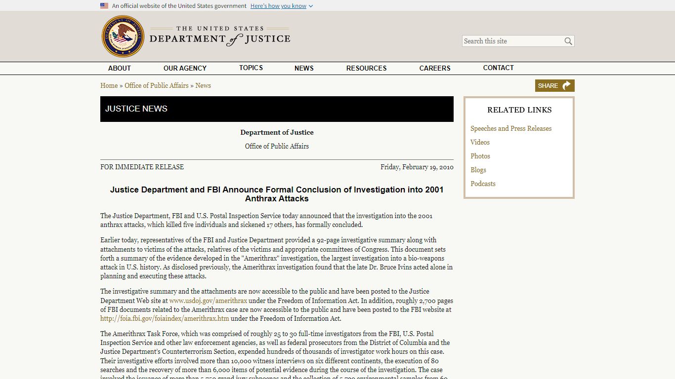 Justice Department and FBI Announce Formal Conclusion of Investigation ...