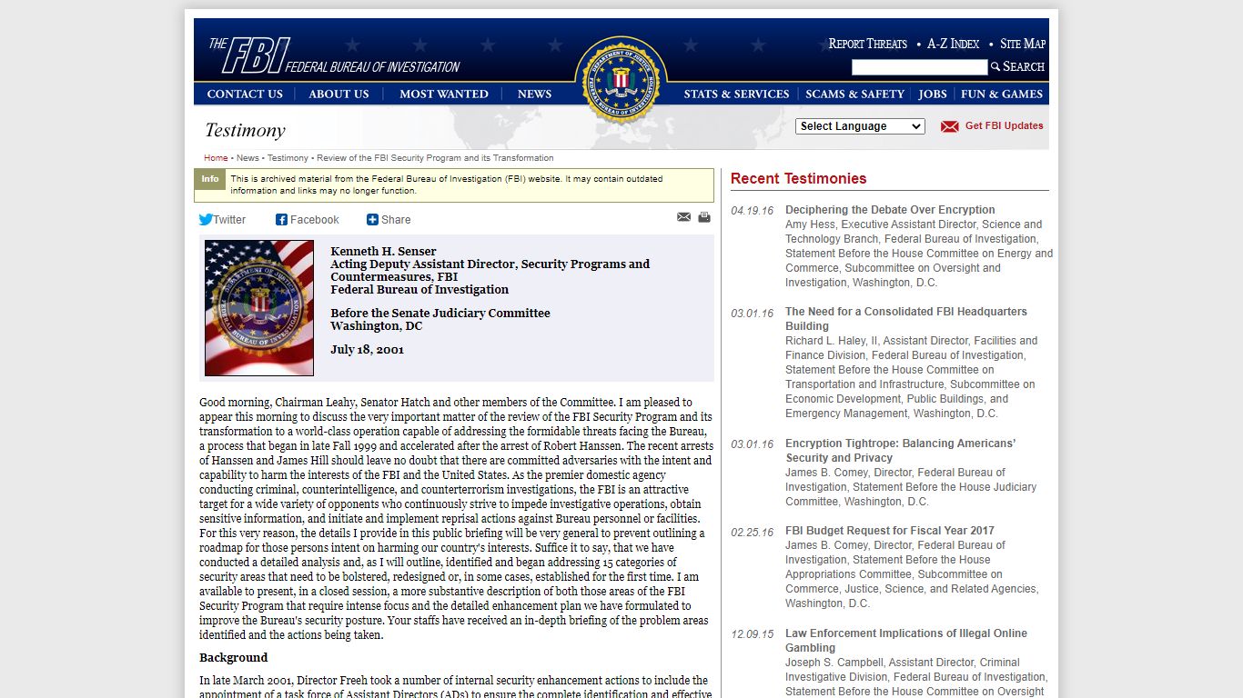 Review of the FBI Security Program and its Transformation