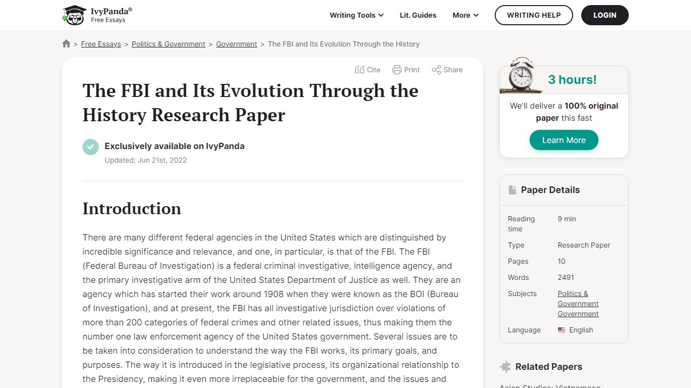 The FBI and Its Evolution Through the History Research Paper